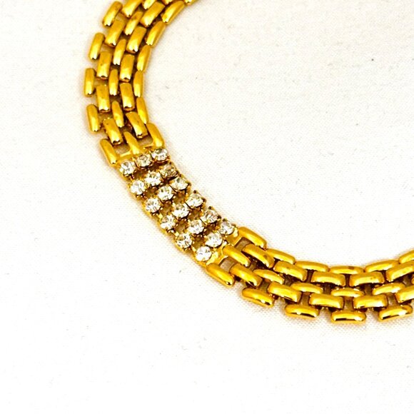 Vintage Gold-Tone Rhinestone Bracelet With Fold Over Clasp & Triple Row Design - Picture 2 of 8